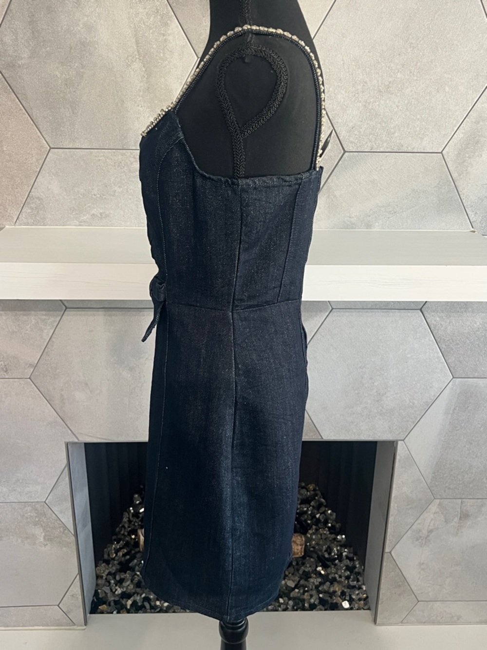 Bebe BOW DETAIL RHINESTONE STRAP GLITTER DENIM DRESS 🎀 - Picture 10 of 13